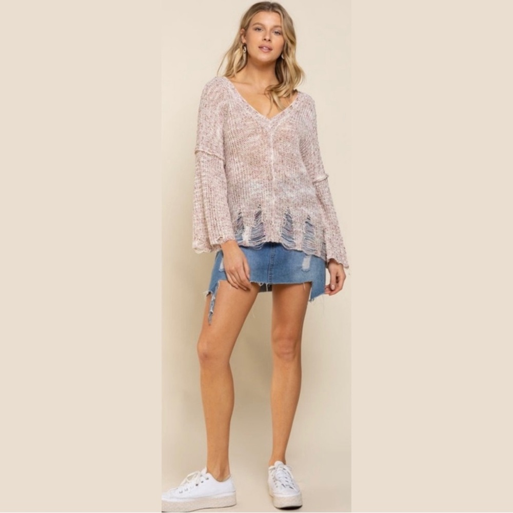 POL Pink & White Threaded Distressed Double V-Neck Sweater! - Picture 5 of 8
